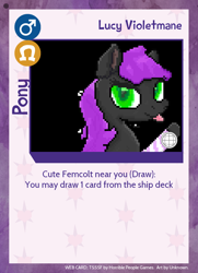 Size: 788x1088 | Tagged: safe, artist:kilgorio, derpibooru exclusive, oc, oc only, oc:lucy violetmane, earth pony, pony, twilight sparkle's secret shipfic folder, :p, aseprite, black fur, boop, card, clothes, crossdressing, cute, digital art, eyelashes, eyeshadow, femboy, full body, green eyes, looking at you, makeup, male, pixel art, pony ears, purple hair, purple mane, purple tail, simple background, smiling, socks, solo, stallion, striped socks, tail, tongue out, transparent background