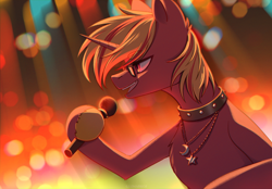 Size: 2480x1724 | Tagged: safe, artist:glumarkoj, oc, oc only, pony, unicorn, collar, eyebrows, eyebrows visible through hair, glasses, horn, jewelry, male, microphone, necklace, solo, stallion, unshorn fetlocks