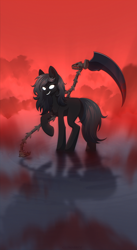 Size: 2656x4848 | Tagged: safe, artist:glumarkoj, oc, oc only, earth pony, pony, blank eyes, blood, chest fluff, glowing, glowing eyes, reflection, scythe, sharp teeth, smiling, teeth, water