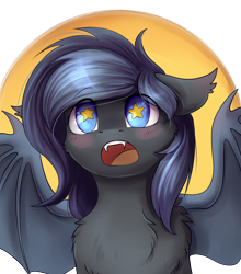 Size: 2200x2500 | Tagged: safe, artist:glumarkoj, oc, oc only, oc:angel tears, bat pony, pony, bat pony oc, blushing, chest fluff, claws, eye clipping through hair, eyebrows, eyebrows visible through hair, fangs, female, high res, mare, solo, spread wings, starry eyes, wing claws, wingding eyes, wings, ych result