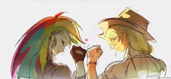 Size: 2014x929 | Tagged: safe, artist:zerdasher, applejack, rainbow dash, human, equestria girls, g4, applejack's hat, cowboy hat, duo, female, fist bump, floating heart, hat, heart, lesbian, ship:appledash, shipping, simple background, straw in mouth, white background