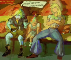 Size: 3842x3275 | Tagged: safe, artist:zerdasher, applejack, rainbow dash, human, equestria girls, g4, child, clothes, denim, dialogue, female, front knot midriff, hairband, jacket, jeans, lesbian, magical lesbian spawn, manspreading, midriff, offspring, pants, parent:applejack, parent:rainbow dash, parents:appledash, ship:appledash, shipping, shorts, sitting, speech bubble