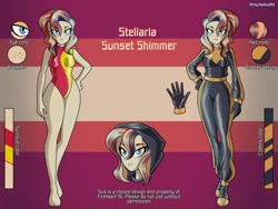 Size: 2500x1875 | Tagged: safe, artist:devillustart, oc, oc:sunset shimmer(prisoners of the moon), human, equestria girls, g4, alternate universe, clothes, fireheart76's latex suit design, gloves, humanized, humanized oc, latex, latex boots, latex gloves, latex suit, prisoners of the moon, reference sheet, rubber, rubber boots, rubber gloves, rubber suit