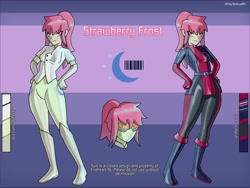 Size: 2733x2050 | Tagged: safe, artist:devillustart, oc, oc:strawberry frost(fireverse), human, equestria girls, g4, alternate universe, clothes, fireheart76's latex suit design, gloves, humanized, humanized oc, latex, latex boots, latex gloves, latex suit, prisoners of the moon, reference sheet, rubber, rubber boots, rubber gloves, rubber suit