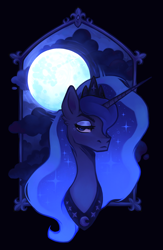 Size: 782x1203 | Tagged: safe, artist:callisto01, princess luna, alicorn, pony, g4, bust, female, frown, full moon, hair over one eye, lidded eyes, mare, moon, night, solo