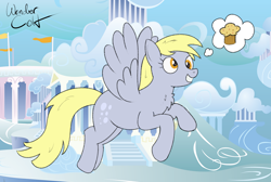 Size: 2364x1588 | Tagged: safe, artist:wondercolt, derpy hooves, pegasus, g4, chest fluff, cloudsdale, colored sketch, cross-eyed, flying, food, muffin, signature, sketch, smiling, teeth, thought bubble