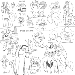 Size: 3000x3000 | Tagged: safe, artist:goshhhh, artist:redruin01, applejack, discord, fluttershy, pinkie pie, princess celestia, princess luna, rainbow dash, rarity, twilight sparkle, zecora, alicorn, earth pony, pegasus, pony, unicorn, zebra, g4, apple, butt, cake, clothes, coffee mug, eating, fan, female, food, grayscale, grin, high res, hoof hold, horn, knife, lying down, male, mane six, mare, meme, monochrome, mug, no bitches?, plot, ponytones outfit, prone, royal sisters, siblings, sisters, smiling, sploot, style emulation, sweat, that pony sure does love apples, unicorn twilight