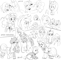 Size: 3000x3000 | Tagged: safe, artist:nekoshiei, artist:redruin01, applejack, pinkie pie, princess celestia, princess luna, queen chrysalis, rarity, trixie, twilight sparkle, changeling, changeling queen, earth pony, pegasus, pony, unicorn, g4, beatnik rarity, beret, bowtie, clothes, cross-popping veins, dress, drool, emanata, female, glowing, glowing horn, grayscale, hat, heart, heart eyes, high res, hoof hold, horn, male, mare, monochrome, phone, royal sisters, siblings, simple background, sisters, stallion, standing on two hooves, style emulation, sweater, tuxedo, unicorn twilight, varying degrees of want, white background, wingding eyes