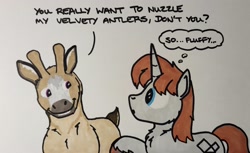 Size: 2047x1252 | Tagged: safe, artist:hoofclid, oc, oc only, oc:hoofclid, deer, pony, unicorn, dialogue, duo, horn, male, marker drawing, stallion, thought bubble, traditional art, unshorn fetlocks