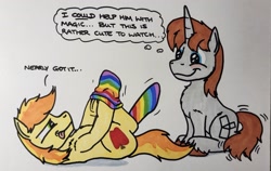 Size: 2047x1293 | Tagged: safe, artist:hoofclid, braeburn, oc, oc:hoofclid, earth pony, pony, unicorn, g4, canon x oc, clothes, dialogue, duo, duo male, gay, hatless, horn, lying down, male, missing accessory, narrowed eyes, on back, rainbow socks, shipping, smiling, socks, stallion, striped socks, thought bubble, tongue out