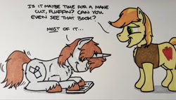 Size: 2048x1171 | Tagged: safe, artist:hoofclid, braeburn, oc, oc:hoofclid, earth pony, pony, unicorn, g4, book, canon x oc, dialogue, duo, duo male, gay, hatless, horn, lidded eyes, male, marker drawing, missing accessory, reading, shaggy mane, shipping, stallion, traditional art, unshorn fetlocks