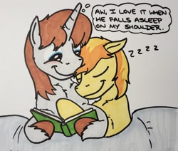 Size: 2048x1733 | Tagged: safe, artist:hoofclid, braeburn, oc, oc:hoofclid, earth pony, pony, unicorn, g4, bed, book, canon x oc, eyes closed, gay, hoof hold, horn, in bed, male, marker drawing, onomatopoeia, overhead view, shipping, sleeping, smiling, sound effects, stallion, thought bubble, traditional art, unshorn fetlocks, zzz