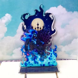 Size: 2665x2665 | Tagged: safe, artist:murny, nightmare moon, alicorn, g4, acrylic plastic, background, craft, fangs, fire, full body, moon, throne, tongue out