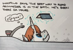 Size: 2048x1404 | Tagged: safe, artist:hoofclid, oc, oc only, oc:hoofclid, pony, unicorn, archimedes, bathing, bathtub, book, bubble bath, glowing, glowing horn, horn, levitation, looking up, magic, male, marker drawing, narration, reading, smiling, solo, stallion, telekinesis, traditional art