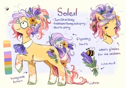 Size: 1545x1077 | Tagged: safe, artist:lutraviolet, oc, oc only, oc:soleil, earth pony, pony, blush lines, blushing, body freckles, character name, coat markings, collar, color palette, colored hooves, commission, demigirl, dot eyes, earth pony oc, eyebrows, eyebrows visible through hair, eyeshadow, flower, flower on ear, freckles, glasses, gradient background, gradient legs, gradient mane, gradient tail, green hooves, hatching (technique), hooves, lavender, leaves in mane, leaves in tail, leg freckles, leg markings, long tail, looking at something, makeup, messy mane, messy tail, name, neck freckles, ponytail, purple eyeshadow, purple text, raised hoof, reference sheet, shiny hooves, shiny mane, shiny tail, smiling, smiling at something, solo, standing, standing on three hooves, sunflower, tail, three quarter view, three toned mane, three toned tail, tied mane, unshorn fetlocks, yellow coat