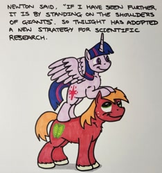 Size: 1919x2048 | Tagged: safe, artist:hoofclid, big macintosh, twilight sparkle, alicorn, earth pony, pony, g4, chest fluff, cute, duo, duo male and female, female, looking up, male, mare, marker drawing, missing accessory, narrowed eyes, ponies riding ponies, riding, riding a pony, ship:twimac, shipping, spread wings, stallion, straight, traditional art, twiabetes, twilight sparkle (alicorn), wings