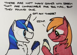 Size: 1997x1426 | Tagged: safe, artist:hoofclid, big macintosh, shining armor, earth pony, pony, unicorn, g4, chest fluff, dialogue, duo, duo male, eeyup, go fish, horn, magnetic hooves, male, marker drawing, missing accessory, playing card, stallion, traditional art