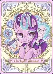 Size: 428x598 | Tagged: safe, artist:disaterror, starlight glimmer, pony, unicorn, g4, card, character name, crystal, eyelashes, female, glowing, glowing horn, horn, hourglass, kayou, kite, lidded eyes, looking away, looking to the right, magic, mare, name, paper, pink coat, purple eyes, quill pen, scroll, smiling, solo, telekinesis, three toned mane, unicorn horn