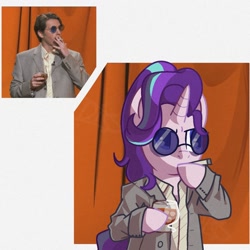 Size: 1500x1500 | Tagged: safe, artist:disaterror, starlight glimmer, human, pony, unicorn, g4, alcohol, bipedal, cigarette, clothes, drink, female, glasses, hoof hold, horn, irl, irl human, jerma985, looking away, mare, narrowed eyes, photo, pink coat, purple eyes, redraw, reference used, suit, three quarter view, three toned mane, tinted glasses, unicorn horn