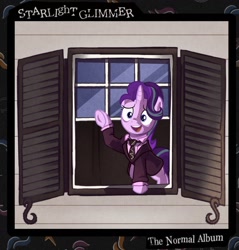 Size: 1394x1461 | Tagged: safe, artist:disaterror, starlight glimmer, pony, unicorn, g4, album cover, clothes, collared shirt, eyelashes, female, horn, mare, necktie, nervous, nervous smile, open mouth, open smile, open window, patterned background, pink coat, ponified, ponified album cover, purple eyes, raised hoof, shirt, shrunken pupils, smiling, suit, three toned mane, three toned tail, waving, white shirt, white text, will wood, window