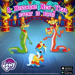 Size: 1080x1080 | Tagged: safe, gameloft, trixie, dragon, snake, unicorn, g4, chinese new year, horn