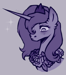 Size: 1668x1915 | Tagged: safe, artist:callisto01, princess luna, alicorn, pony, friendship is magic, g4, my little pony: friendship is magic, blush scribble, blushing, bust, female, flower, looking down, mare, monochrome, no pupils, s1 luna, scene interpretation, signature, simple background, solo, sparkles