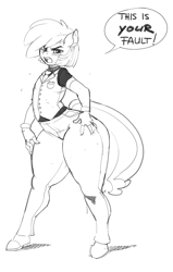 Size: 636x1000 | Tagged: safe, artist:kevinsano, oc, oc only, oc:mango, anthro, anthro oc, clothes, female, grayscale, impossibly wide hips, monochrome, solo, solo female, speech bubble, thighs, thunder thighs, wide hips