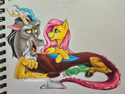 Size: 1080x810 | Tagged: safe, artist:hogg_draws, artist:hoggoblin, discord, fluttershy, g4, crayon drawing, drawing, duo, duo male and female, female, grin, looking at each other, looking at someone, male, paper, ship:discoshy, shipping, signature, smiling, smiling at each other, snaggletooth, straight, traditional art