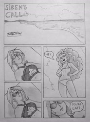 Size: 3038x4096 | Tagged: safe, artist:public mistake, adagio dazzle, sunset shimmer, human, comic:siren's call, equestria girls, g4, belly, belly button, bikini, breasts, clothes, comic, dialogue, duo, female, grayscale, hand on hip, lesbian, monochrome, pencil drawing, ship:sunsagio, shipping, speech bubble, sunglasses, swimsuit, traditional art