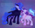 Size: 1700x1400 | Tagged: safe, artist:abbytabbys, nightmare moon, princess luna, rarity, alicorn, pony, unicorn, g4, alternate design, alternate hairstyle, alternate tailstyle, alternate universe, blue eyes, blue hooves, blue magic, blue mane, blue tail, blue text, broken horn, colored eyebrows, colored eyelashes, colored hooves, duo, duo female, ethereal mane, eyelashes, fabric, female, fetlock tuft, flowing mane, flowing tail, folded wings, frown, glasses, glowing, glowing horn, gradient background, height difference, hooves, horn, lidded eyes, long mane, long tail, looking at someone, magic, mare, measuring tape, mid-transformation, moon bound au, profile, purple coat, purple eyelashes, purple mane, purple tail, raised hoof, rarity's glasses, ringlets, sewing needle, shiny mane, shiny tail, short mane rarity, sparkles, sparkly mane, sparkly tail, standing, standing on three hooves, starry mane, starry tail, tail, telekinesis, transformation, turned head, unshorn fetlocks, white coat, wings