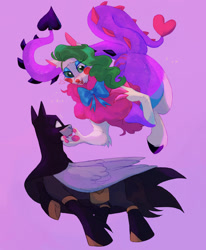 Size: 1400x1700 | Tagged: safe, artist:abbytabbys, draconequus, pegasus, pony, alternate universe, antagonist, batman, batsuit, belt, blank eyes, blue bow, blue eyeshadow, blush lines, blushing, bodysuit, boots, cape, clothes, clown makeup, colored belly, colored chest fluff, colored claws, colored hooves, colored paw pads, colored pinnae, colored tail, cowl, dark belly, dc comics, draconequified, dragon tail, duo, duo male, emanata, eye clipping through hair, eyelashes, eyeshadow, floating, folded wings, frown, gay, girly, gray coat, green eyes, green hair, heart tail, hoof boots, hooves, large wings, lidded eyes, looking at each other, looking at someone, makeup, male, mismatched legs, multiple tails, neck bow, non-mlp shipping, paw pads, paws, ponified, profile, purple background, purple hooves, purple tail, raised hoof, shiny hair, shoes, simple background, smiling at someone, sparkles, sparkly body, sparkly tail, species swap, spikes, standing, standing on three hooves, superhero, superhero costume, surprised, tail, the joker, three quarter view, turned head, two tails, utility belt, white fur, wings