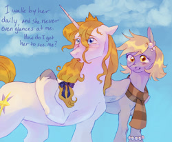 Size: 1700x1400 | Tagged: safe, artist:abbytabbys, derpy hooves, prince blueblood, pegasus, pony, unicorn, alternate accessories, alternate design, alternate hairstyle, alternate universe, blonde eyelashes, blonde mane, blonde tail, blue bow, blue eyes, blue pupils, blue sky, blue text, blush lines, blushing, bracelet, brown scarf, clothes, cloud, colored eyebrows, colored eyelashes, colored hooves, colored pupils, crown, crying, cutie mark accessory, cutie mark earrings, day, derpblood, dialogue, duo, ear piercing, earring, eye clipping through hair, eyebrows, eyebrows visible through hair, eyelashes, female, floppy ears, folded wings, gray coat, gray hooves, hair accessory, hooves, horn, implied rariblood, implied rarity, jewelry, long horn, long mane, looking away, looking up, male, mane accessory, moon bound au, outdoors, pearl bracelet, piercing, ponytail, raised hoof, regalia, scarf, shiny mane, shiny tail, shipping, short mane, short mane derpy hooves, sky background, smiling, standing, standing on three hooves, striped scarf, tail, talking, tied mane, unicorn horn, unrequited, unrequited love, unshorn fetlocks, white coat, wings