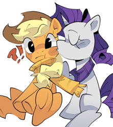 Size: 1813x2048 | Tagged: safe, artist:lound, applejack, rarity, earth pony, pony, unicorn, g4, applejack's hat, blonde mane, blush lines, blushing, cheek kiss, clothes, cowboy hat, duo, duo female, exclamation point, eye clipping through hair, eyelashes, eyes closed, female, frown, hat, horn, interrobang, kissing, lesbian, mare, ponytail, profile, purple mane, purple scarf, purple tail, question mark, ringlets, scarf, ship:rarijack, shipping, simple background, sitting, stetson, tail, tied mane, underhoof, white background, yellow scarf