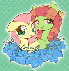 Size: 3144x3237 | Tagged: safe, artist:moozua, fluttershy, tree hugger, earth pony, pegasus, pony, g4, :3, :p, big eyes, bonnet, checkered background, colored eyebrows, colored sclera, cute, dreadlocks, duo, duo female, enamel pin, eyebrows, eyebrows visible through hair, eyelashes, female, floppy ears, flower, for sale, glowing outline, gradient background, green coat, high, high res, holding hooves, huggerbetes, kickstarter, lidded eyes, looking back, mare, open mouth, open smile, outline, patterned background, pin design, pink mane, pink sclera, poison joke, purple eyes, shiny eyes, shyabetes, smiling, teal eyes, three quarter view, tongue out, two toned mane, white outline, yellow coat