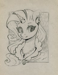 Size: 575x741 | Tagged: safe, artist:maytee, rarity, pony, unicorn, g4, bust, clothes, ear piercing, earring, horn, horn ring, jewelry, monochrome, necklace, piercing, portrait, ring, sketch, solo, traditional art