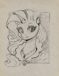 Size: 931x1200 | Tagged: safe, artist:maytee, rarity, pony, unicorn, g4, bust, clothes, ear piercing, earring, horn, horn ring, jewelry, monochrome, necklace, piercing, portrait, ring, sketch, solo, traditional art