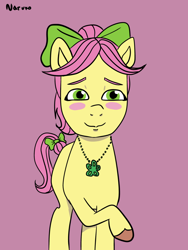 Size: 834x1112 | Tagged: safe, artist:wrath-marionphauna, posey bloom, g5, my little pony: tell your tale, blushing, bow, hair bow, jewelry, necklace, ponytail, shy, smiling, solo, tail, tail bow