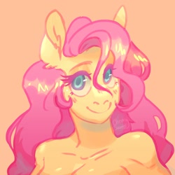 Size: 1800x1800 | Tagged: safe, artist:cherryysaurus, fluttershy, pegasus, anthro, g4, bare shoulder portrait, bare shoulders, breasts, bust, cleavage, colored pupils, female, looking at you, orange background, portrait, simple background, smiling, smiling at you, solo