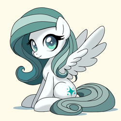 Size: 1024x1024 | Tagged: safe, artist:495pygly, oc, oc only, oc:frostwing blade, pegasus, pony, blue eyes, curly tail, cute, digital art, elegant, happy, long mane, long tail, pegasus oc, photo, simple background, sitting, soft shading, solo, tail, two toned mane, two toned tail, white background, white fur, wings