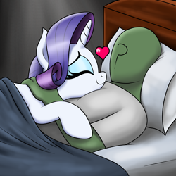 Size: 1500x1500 | Tagged: safe, artist:vomitvomiting, rarity, oc, oc:anon, human, pony, unicorn, g4, bed, cuddling, duo, female, floating heart, heart, horn, in bed, indoors, male, mare