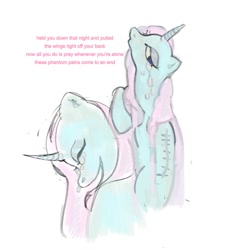 Size: 1280x1280 | Tagged: safe, artist:pathoparty, pony, unicorn, blue coat, crying, english, female, horn, mare, pink mane, poem, simple background, solo, text, white background