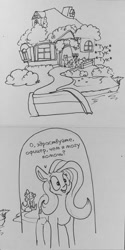 Size: 552x1105 | Tagged: safe, artist:greyscaleart, edit, fluttershy, spike, dog, dragon, earth pony, pegasus, pony, g4, 2d, black and white, comic, cyrillic, dialogue, female, fluttershy steals animals, fluttershy's cottage, grayscale, house, implied police officer, knocking, male, mare, monochrome, onomatopoeia, open mouth, outdoors, police, police officer, russian, simple background, stallion, text, traditional art, translated in the description, translation, white background