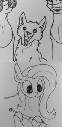 Size: 552x1128 | Tagged: safe, artist:greyscaleart, edit, fluttershy, dog, earth pony, pegasus, pony, g4, 2d, baton, black and white, bust, clothes, comic, cyrillic, dialogue, female, fluttershy steals animals, grayscale, hoof hold, implied hit, male, mare, monochrome, open mouth, outdoors, police, police dog, police officer, police uniform, russian, simple background, stallion, sunglasses, text, this ended in pain, this will end in jail time, this will end in pain, tongue out, traditional art, translated in the description, translation, white background