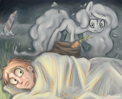 Size: 6829x5573 | Tagged: safe, artist:pavoek, oc, human, pony, blanket, carrot, duo, eyebrows, eyebrows visible through hair, female, food, male, mare, raised eyebrow, sleeping, sweat