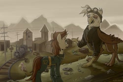 Size: 1238x822 | Tagged: safe, artist:pavoek, oc, oc:gawdyna grimfeathers, oc:littlepip, griffon, unicorn, fallout equestria, clothes, duo focus, eye scar, facial scar, fanfic art, female, goggles, goggles on head, horn, jacket, jumpsuit, junction r-7, mare, scar, town, train, vault suit, wagon