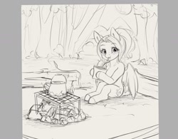 Size: 1553x1209 | Tagged: safe, artist:miokomata, oc, oc only, oc:mio, pegasus, pony, campfire, female, forest, freckles, hoof hold, looking at you, mare, monochrome, nature, outdoors, sitting, solo, tea kettle, tree