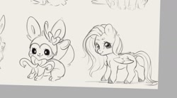 Size: 1528x841 | Tagged: safe, artist:miokomata, fluttershy, pegasus, pony, sylveon, g4, chibi, cute, freckles, freckleshy, looking at you, missing cutie mark, monochrome, pokémon, shyabetes, sketch, sketch dump, smiling, smiling at you