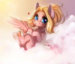 Size: 3268x2784 | Tagged: safe, artist:miokomata, oc, oc only, oc:mio, pegasus, pony, cloud, female, floating heart, heart, looking at you, mare, signature, sky, smiling, smiling at you, solo, spread wings, sunset, underhoof, wings