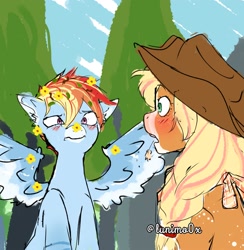 Size: 1951x2000 | Tagged: safe, artist:lunimo0x, applejack, rainbow dash, earth pony, pegasus, pony, g4, my little pony: friendship is magic, the perfect pear, alternate design, blushing, character swap, colored wings, duo, duo female, female, flower, flower in hair, lesbian, mare, no pupils, scene interpretation, ship:appledash, shipping, spread wings, two toned wings, wings