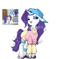 Size: 1951x2000 | Tagged: safe, artist:lunimo0x, rarity, pony, unicorn, g4, alternate hairstyle, backwards ballcap, baseball cap, cap, clothes, disguise, female, hat, horn, mare, plainity, screencap reference, simple background, solo, sweater, unshorn fetlocks, white background